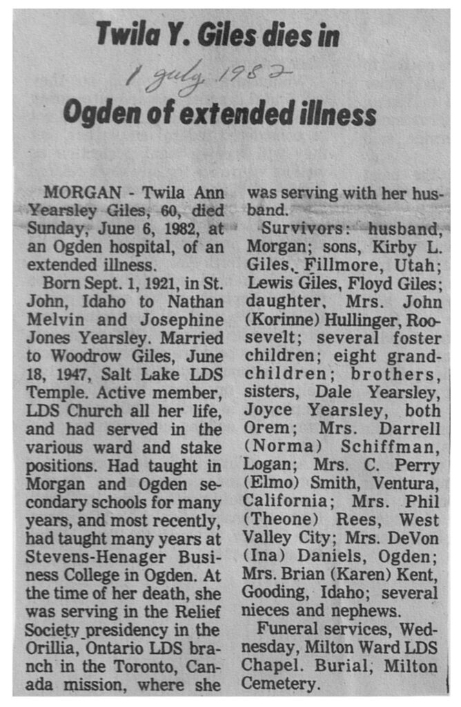 Twila Ann Yearsley Giles obit