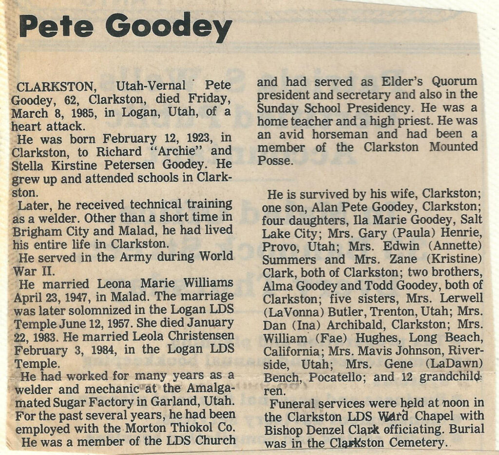 Vernal Pete Goodey obituary