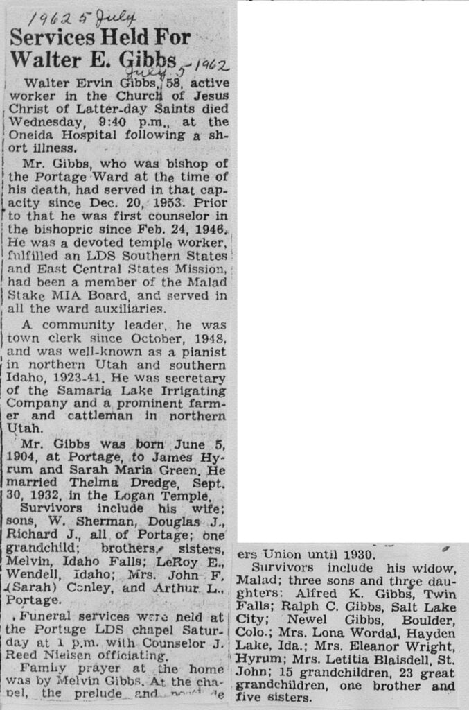 Walter E Gibbs obit