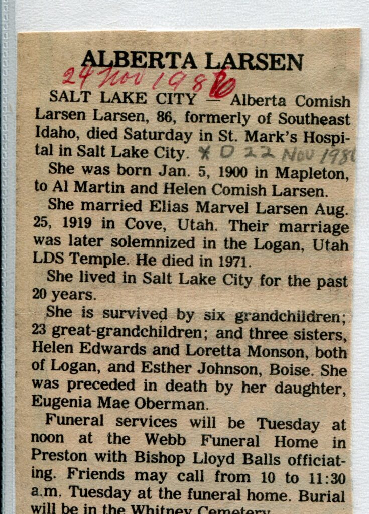 Larsen, Alberta Comish (22 Nov 1986)