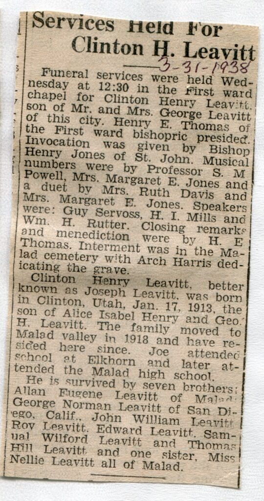 Leavitt, Clintion Henry (31 March 1938)