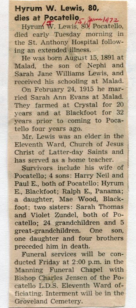Lewis, Hyrum W (13 June 1972)