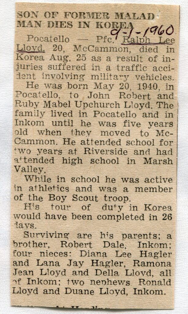 Lloyd, Pfc. Ralph Lee (25 Aug 1960)