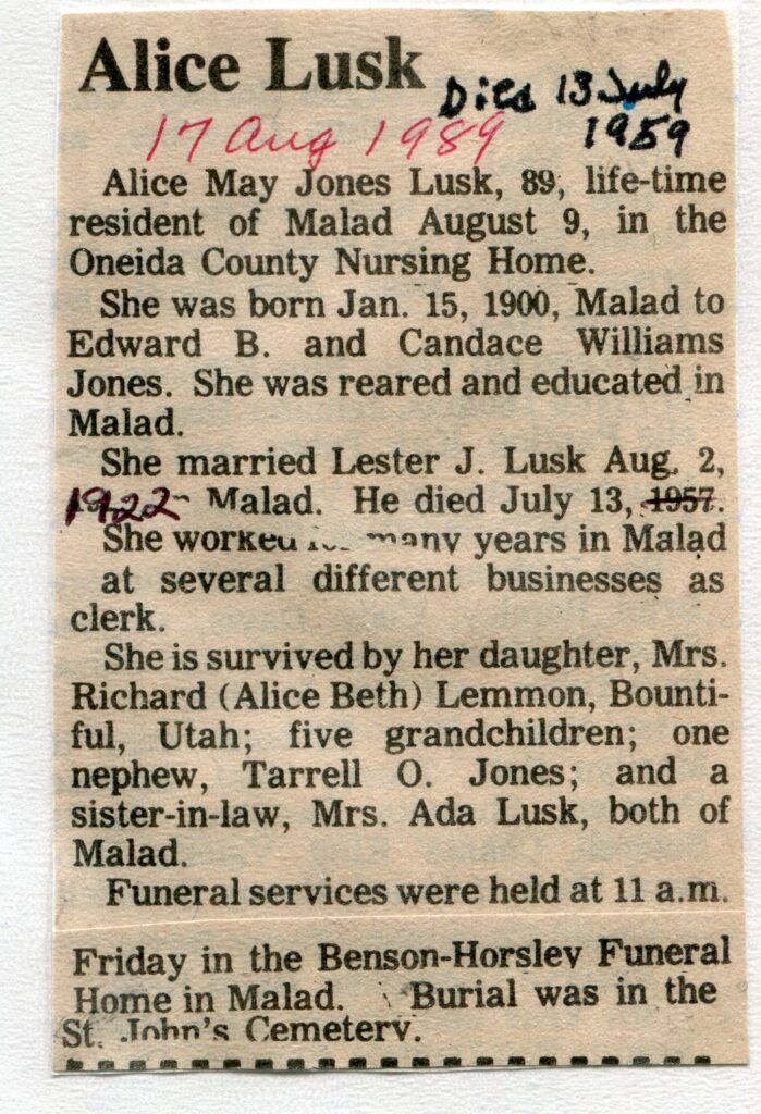 Lusk, Alice May Jones (09 Aug 1989)